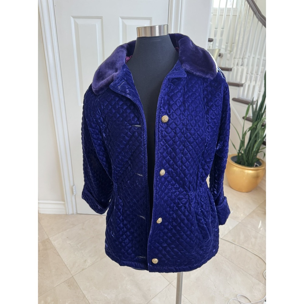 KAOS by Andy Jones Purple Quilted Velvet Jacket Woman Faux Fur Collar Sz. M VTG